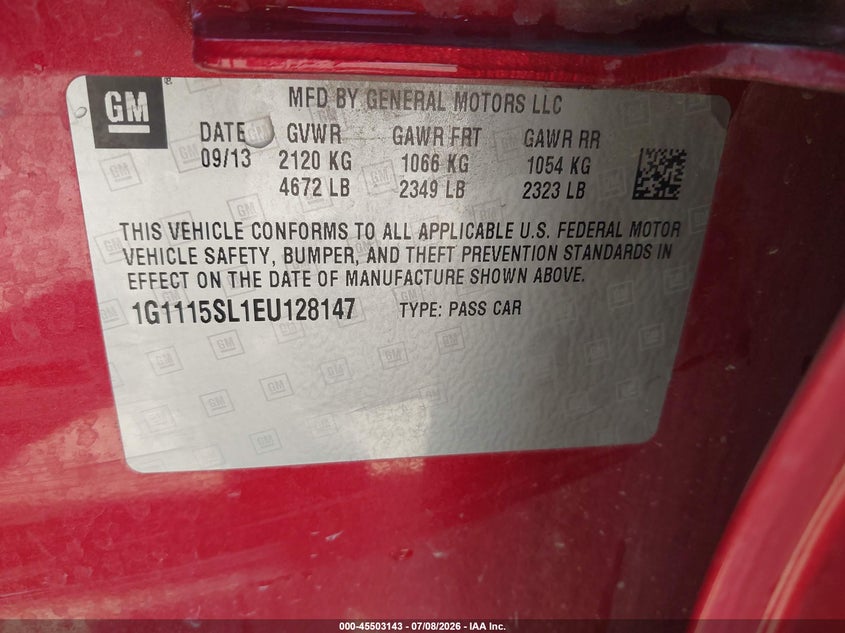 2014 Chevrolet Impala VIN 1G1115SL1EU128147 IAAI salvage auction — FRONT END, Salvage Title, sold $975 on 2026-08-01 (photo 9)