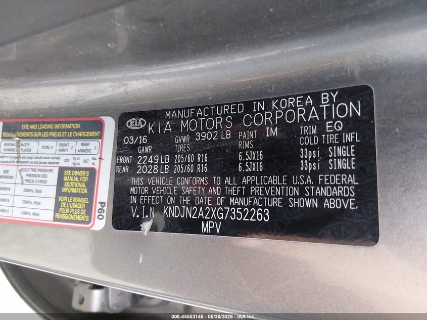 2016 Kia Soul VIN KNDJN2A2XG7352263 IAAI salvage auction — NORMAL WEAR, Clear (Indiana), sold $525 on 2026-07-13 (photo 9)