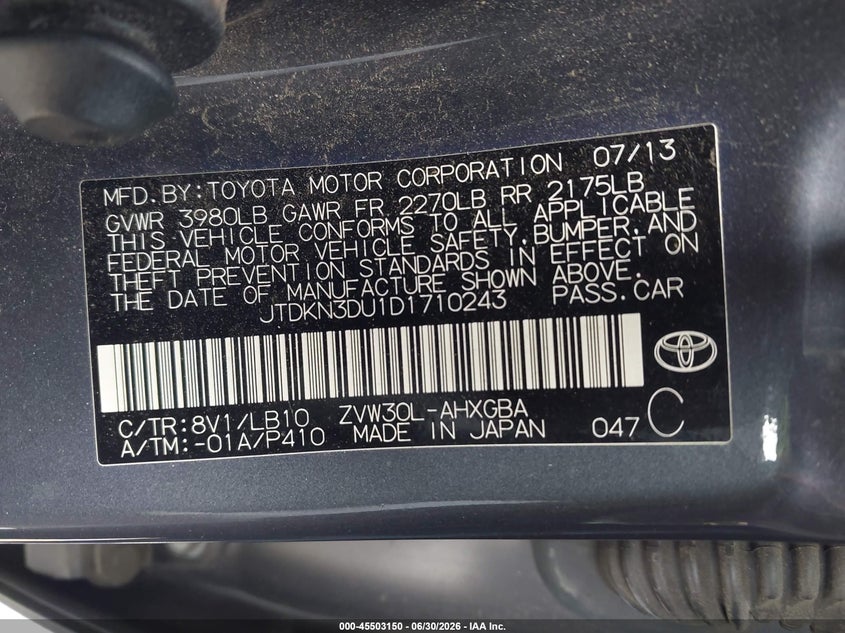 2013 Toyota Prius VIN JTDKN3DU1D1710243 IAAI salvage auction — LEFT FRONT, Salvage (California), sold $2,050 on 2026-07-10 (photo 9)