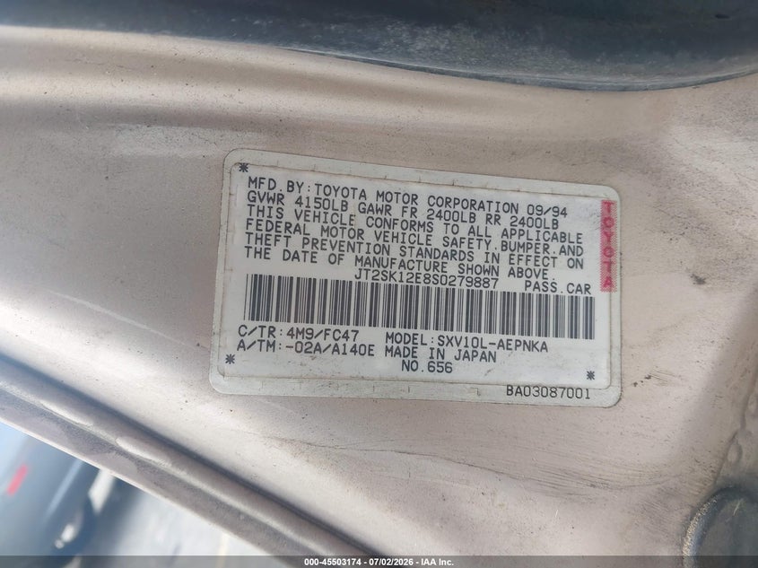 1995 Toyota Camry VIN JT2SK12E8S0279887 IAAI salvage auction — NORMAL WEAR, Clear-Dealer Only (Oregon), sold $100 on 2026-07-09 (photo 9)