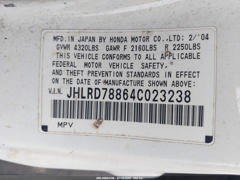 2004 Honda Cr-v VIN JHLRD78864C023238 IAAI salvage auction — REAR END, Salvage (Tennessee), sold $500 on 2026-07-29 (photo 9)