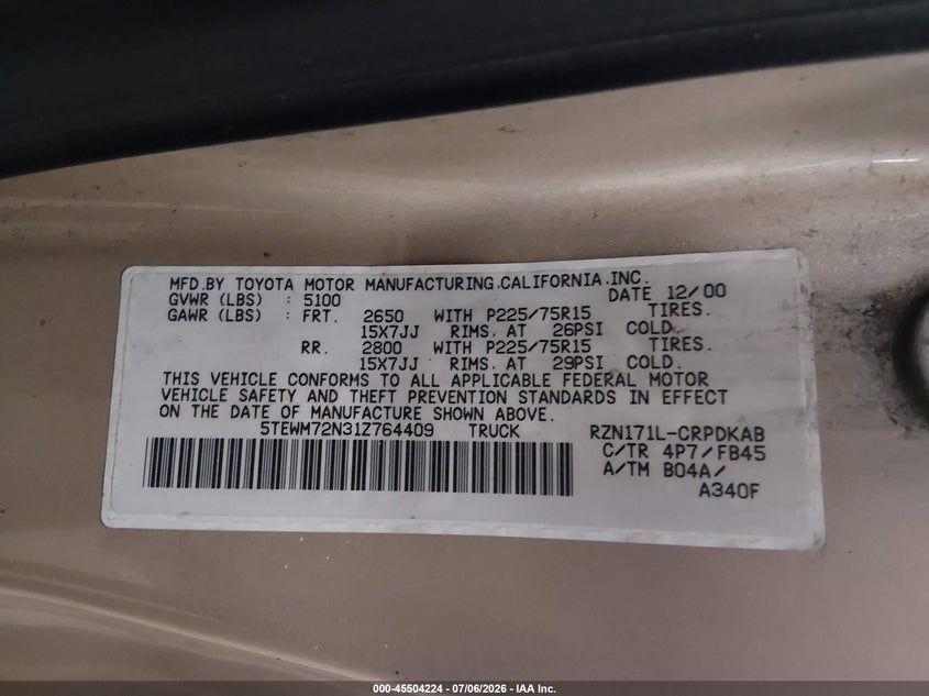 2001 Toyota Tacoma VIN 5TEWM72N31Z764409 IAAI salvage auction — NORMAL WEAR, Clear (Minnesota), sold $1,900 on 2026-07-28 (photo 9)