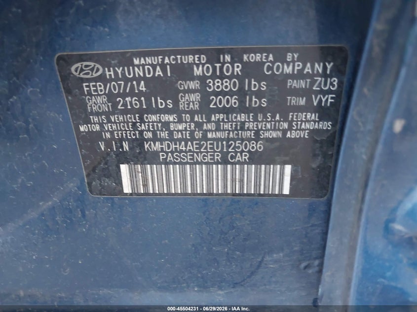 2014 Hyundai Elantra VIN KMHDH4AE2EU125086 IAAI salvage auction — SIDE, Salvage (California), sold $725 on 2026-07-28 (photo 9)