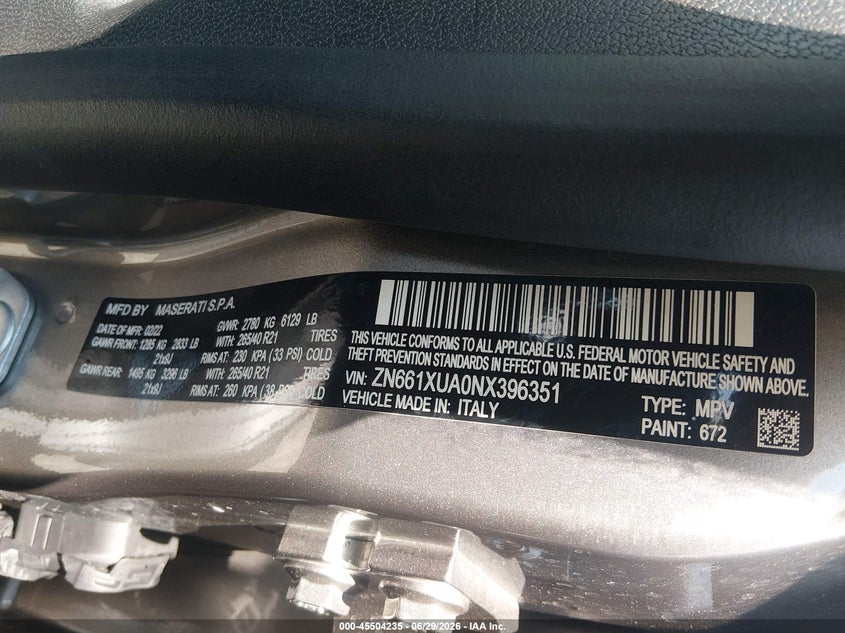 2022 Maserati Levante VIN ZN661XUA0NX396351 IAAI salvage auction — RIGHT FRONT, Clear (New York), sold $17,200 on 2026-07-08 (photo 9)
