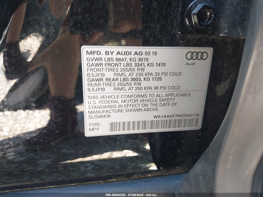 2019 Audi Q7 VIN WA1AAAF79KD040126 IAAI salvage auction — FRONT END, Salvage (Massachusetts), sold $10,325 on 2026-08-25 (photo 9)