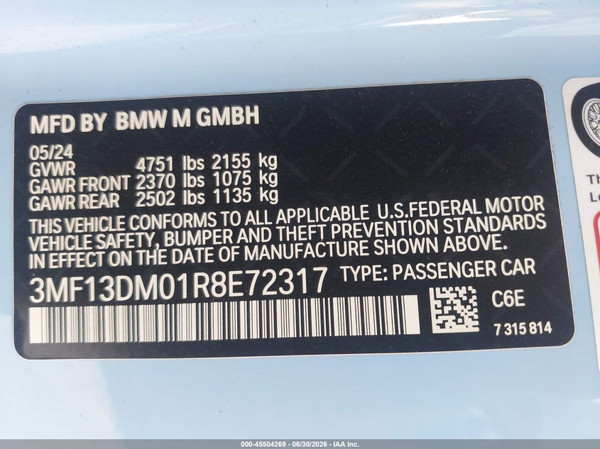 2024 BMW M2 VIN 3MF13DM01R8E72317 IAAI salvage auction — FRONT END, Salvage (Georgia), sold $26,750 on 2026-09-08 (photo 9)