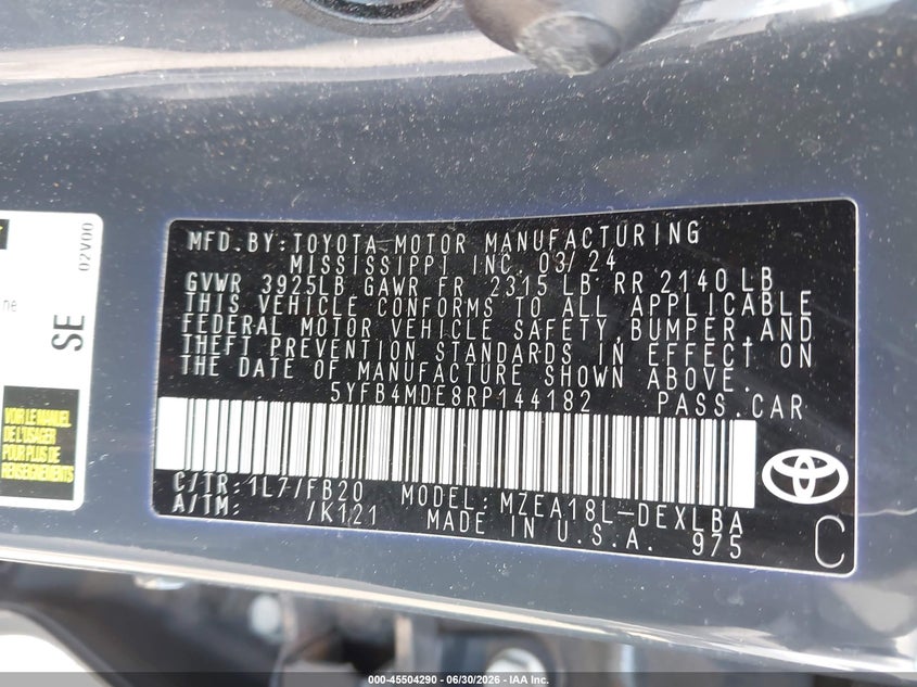 2024 Toyota Corolla VIN 5YFB4MDE8RP144182 IAAI salvage auction — RIGHT FRONT, Clear (Texas), sold $7,650 on 2026-07-08 (photo 9)