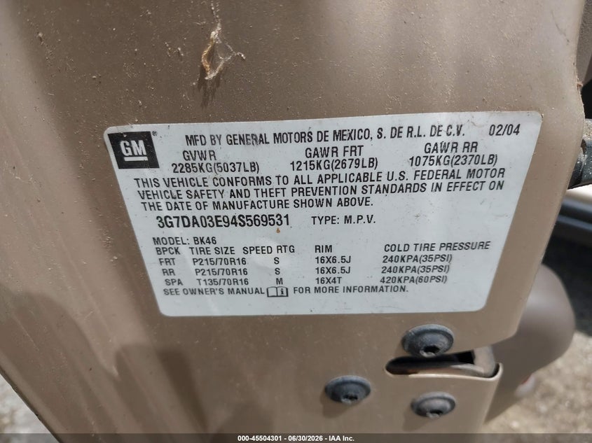 2004 Pontiac Aztek VIN 3G7DA03E94S569531 IAAI salvage auction — NORMAL WEAR, Clear (Illinois), sold $325 on 2026-07-08 (photo 9)