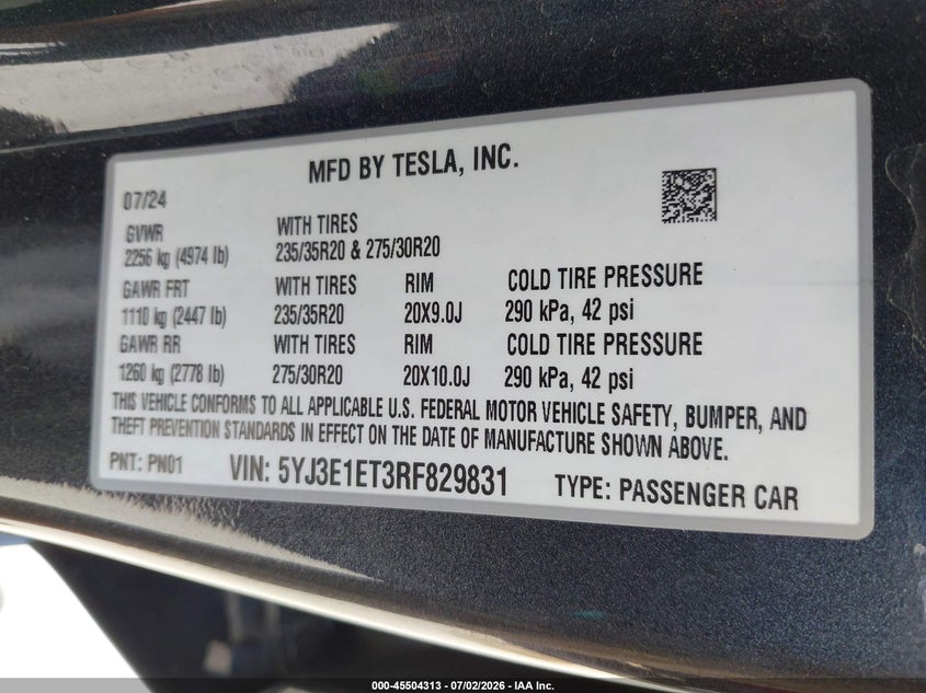 2024 Tesla Model 3 VIN 5YJ3E1ET3RF829831 IAAI salvage auction — LEFT SIDE, Original (Texas), sold $16,100 on 2026-08-19 (photo 9)
