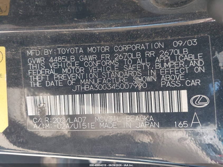 2004 Lexus Es 330 VIN JTHBA30G345007990 IAAI salvage auction — NORMAL WEAR, Clear - Dealer Only (California), sold $400 on 2026-07-08 (photo 9)