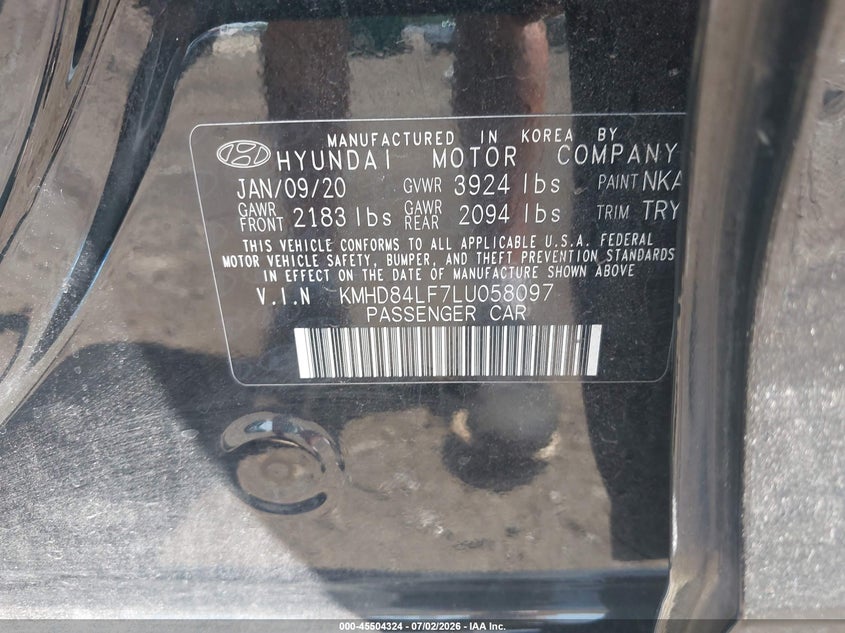 2020 Hyundai Elantra VIN KMHD84LF7LU058097 IAAI salvage auction — FRONT END, Salvage Title, sold $525 on 2026-07-28 (photo 9)