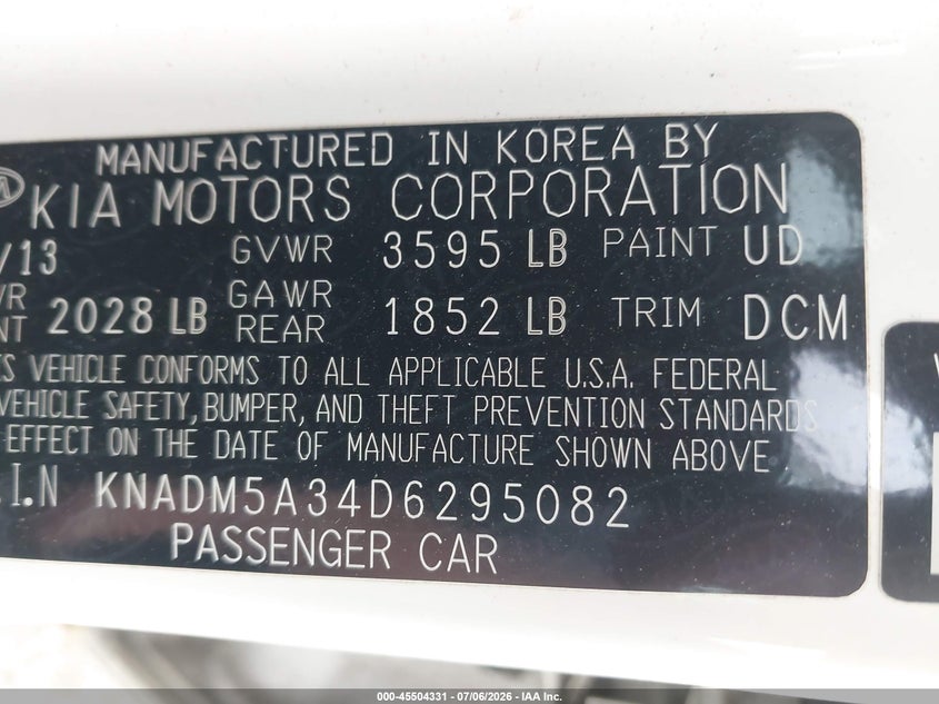 2013 Kia Rio VIN KNADM5A34D6295082 IAAI salvage auction — RIGHT SIDE, Salvage (Massachusetts), sold $425 on 2026-07-31 (photo 9)