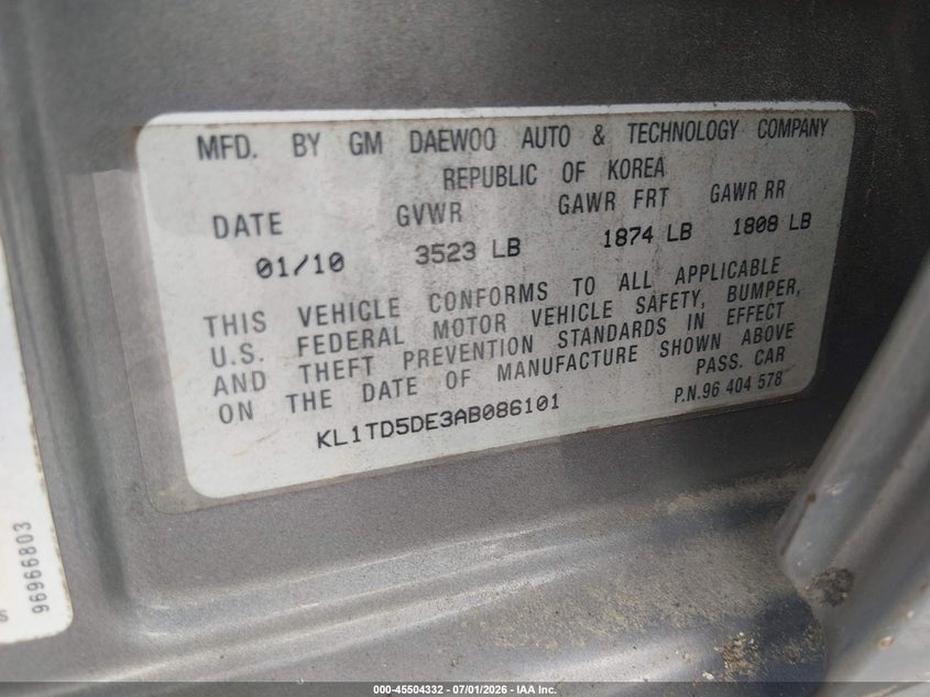 2010 Chevrolet Aveo VIN KL1TD5DE3AB086101 IAAI salvage auction — NORMAL WEAR, Clear (South Carolina), sold $300 on 2026-07-08 (photo 9)