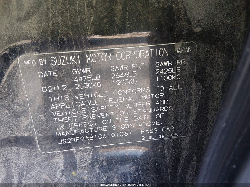 2012 Suzuki Kizashi VIN JS2RF9A81C6101067 IAAI salvage auction — FRONT END, Salvage - Greater Than 75% (Maryland), sold $225 on 2026-07-30 (photo 9)