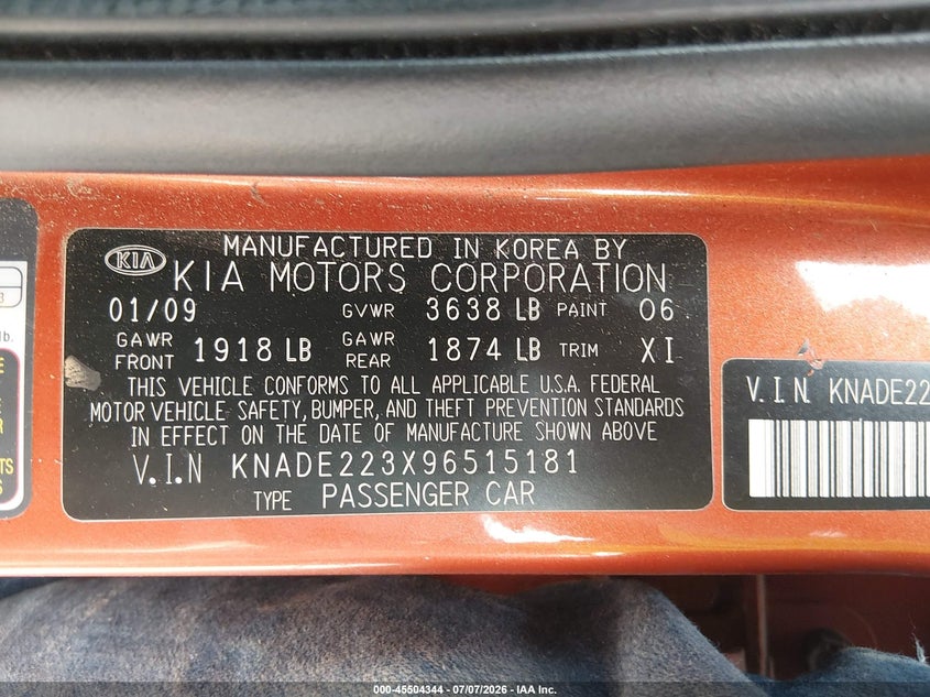 2009 Kia Rio VIN KNADE223X96515181 IAAI salvage auction — NORMAL WEAR, Clear (Colorado), sold $50 on 2026-07-29 (photo 9)