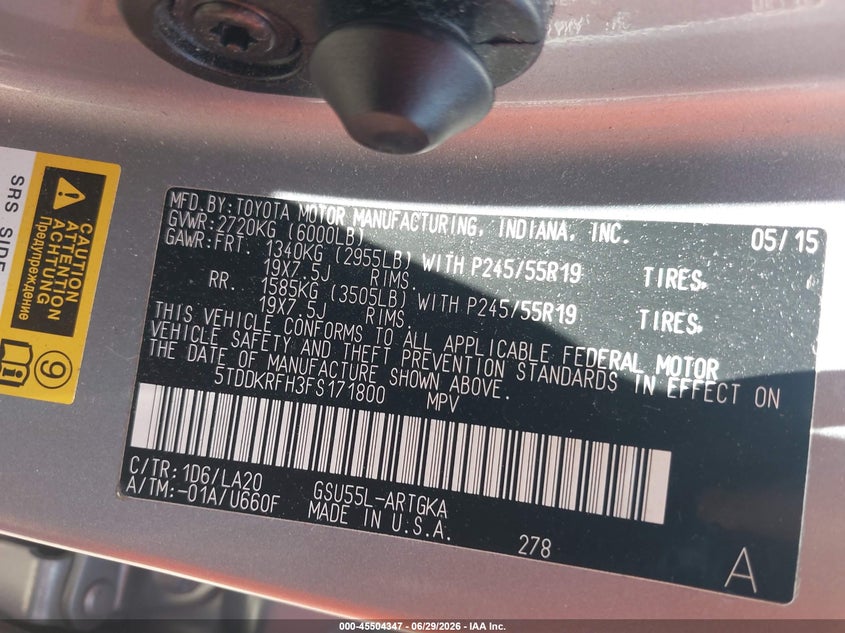 2015 Toyota Highlander VIN 5TDDKRFH3FS171800 IAAI salvage auction — REAR END, Salvage Title, sold $6,000 on 2026-07-29 (photo 9)