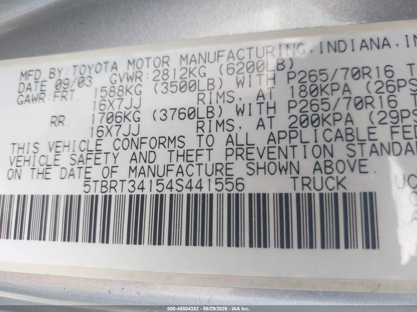 2004 Toyota Tundra VIN 5TBRT34154S441556 IAAI salvage auction — REAR END, Salvage (California), sold $925 on 2026-07-15 (photo 9)