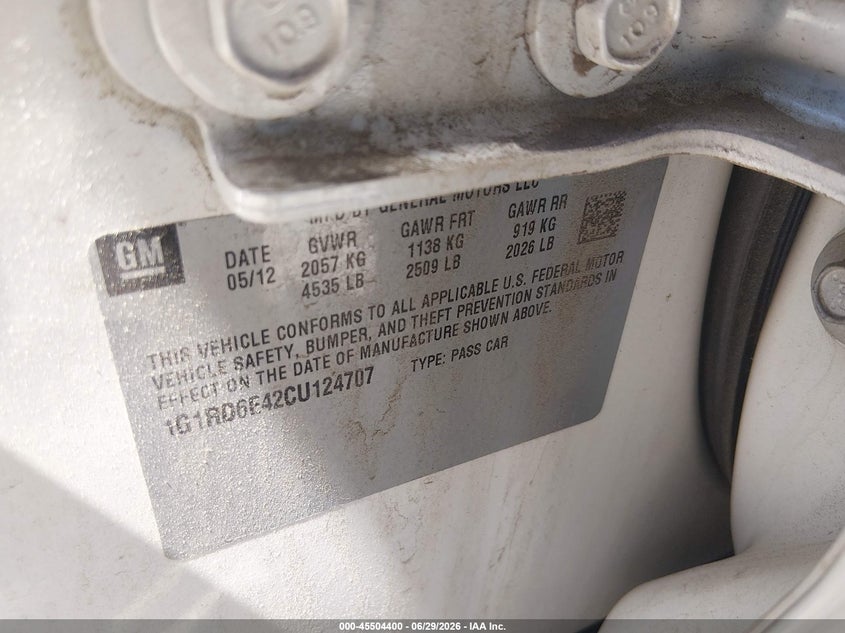 2012 Chevrolet Volt VIN 1G1RD6E42CU124707 IAAI salvage auction — NORMAL WEAR, Clear (Colorado), sold $725 on 2026-07-19 (photo 9)