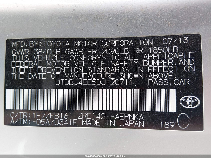 2013 Toyota Corolla VIN JTDBU4EE5DJ120711 IAAI salvage auction — EXTERIOR BURN, Salvage (Kansas), sold $3,150 on 2026-07-31 (photo 9)