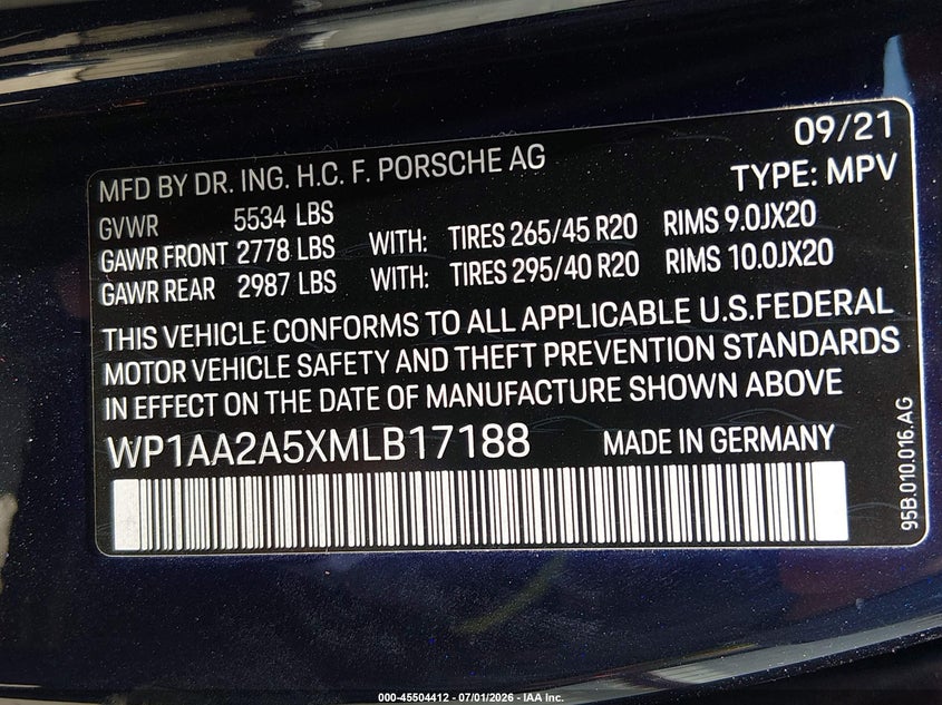 2021 Porsche Macan VIN WP1AA2A5XMLB17188 IAAI salvage auction — LEFT FRONT, Original (Texas), sold $14,200 on 2026-08-15 (photo 9)