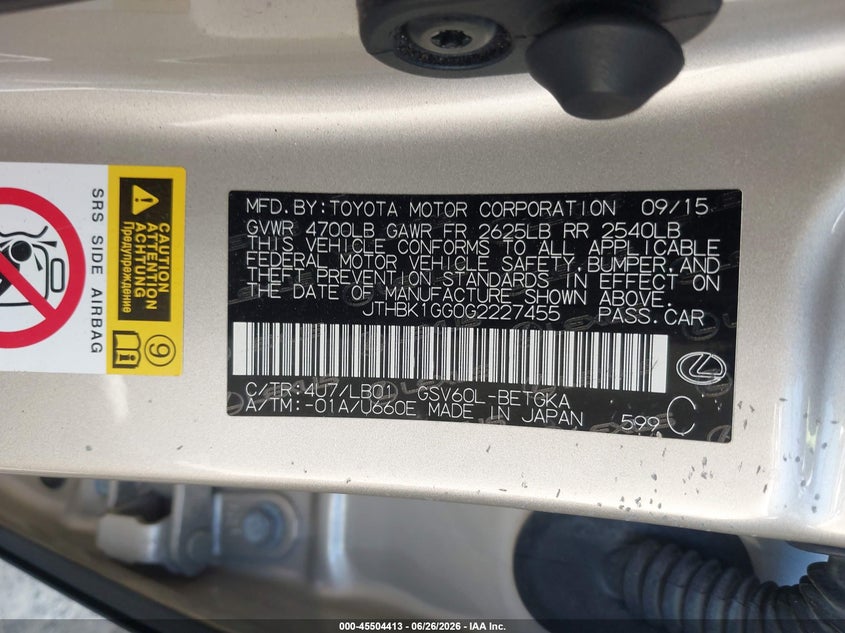 2016 Lexus ES VIN JTHBK1GG0G2227455 IAAI salvage auction — UNKNOWN, Salvage Title - Dealer (California), sold $8,600 on 2026-07-11 (photo 9)