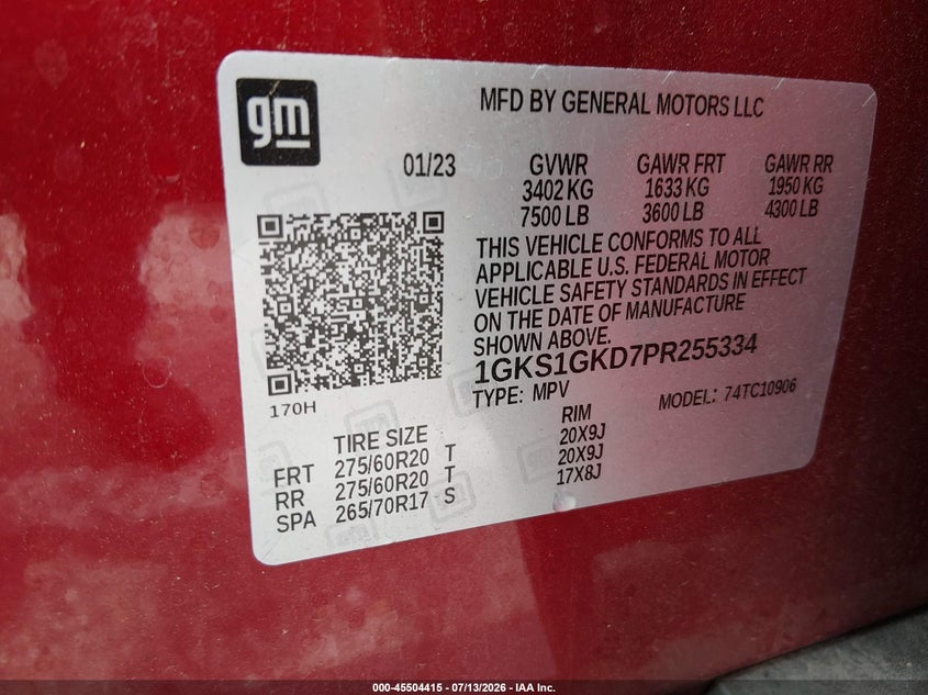 2023 Gmc Yukon VIN 1GKS1GKD7PR255334 IAAI salvage auction — FRONT END, Salvage Title, sold $23,100 on 2026-07-26 (photo 9)