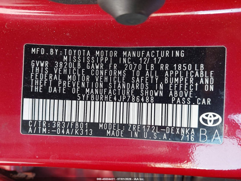 2018 Toyota Corolla VIN 5YFBURHE4JP786488 IAAI salvage auction — REAR END, Salvage Title, sold $2,100 on 2026-07-20 (photo 9)