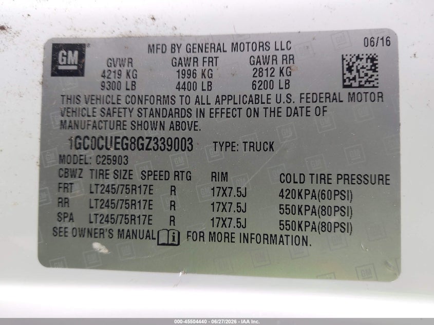 2016 Chevrolet Silverado 2500 VIN 1GC0CUEG8GZ339003 IAAI salvage auction — NORMAL WEAR, Sf97 (Washington), sold $14,100 on 2026-07-29 (photo 9)