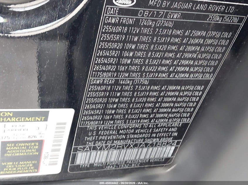 2018 Land rover Range rover velar VIN SALYM2RVXJA718824 IAAI salvage auction — BIO HAZARD, Salvage (California), sold $9,550 on 2026-07-13 (photo 9)