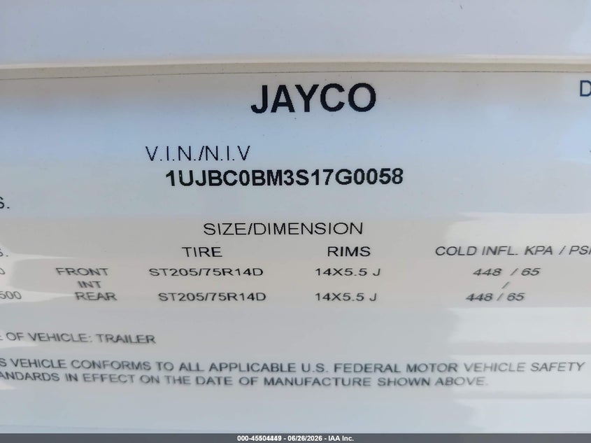 2025 Jayco Jay flight VIN 1UJBC0BM3S17G0058 IAAI salvage auction — Unknown, Salvage (Nevada), sold $4,350 on 2026-07-08 (photo 9)