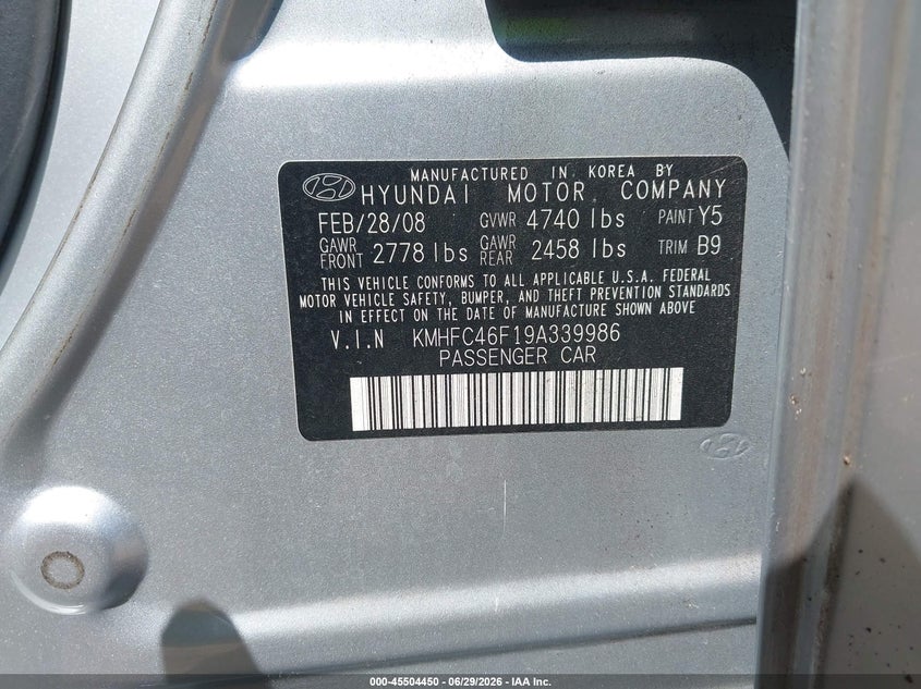 2009 Hyundai Azera VIN KMHFC46F19A339986 IAAI salvage auction — RIGHT FRONT, Salvage (Georgia), sold $450 on 2026-07-24 (photo 9)