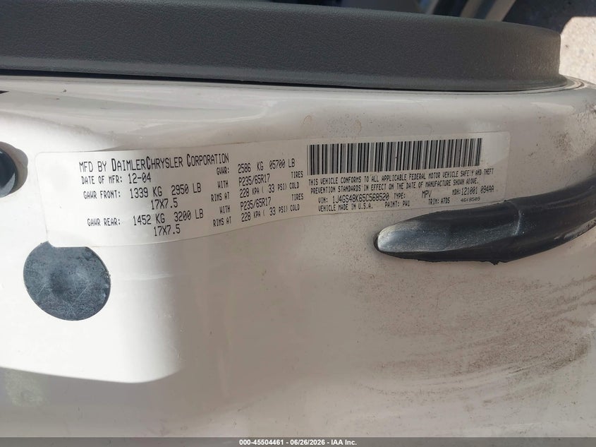 2005 Jeep Grand cherokee VIN 1J4GS48K65C568520 IAAI salvage auction — NORMAL WEAR, Clear-Dealer Only (Arizona), sold $25 on 2026-07-09 (photo 9)