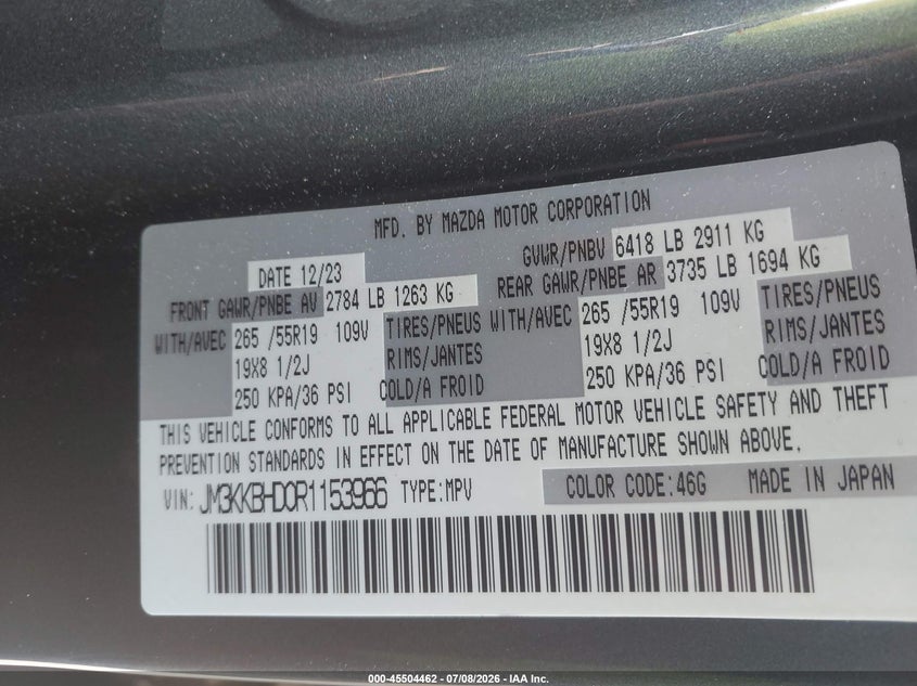 2024 Mazda Cx-90 VIN JM3KKBHD0R1153966 IAAI salvage auction — FRONT END, Salvage Title, sold $10,100 on 2026-08-28 (photo 9)