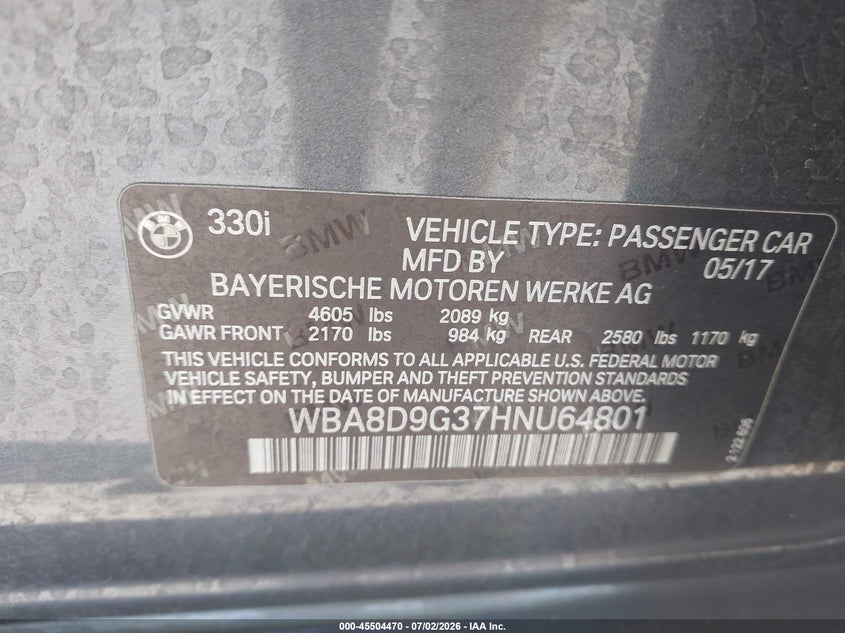 2017 BMW 3er VIN WBA8D9G37HNU64801 IAAI salvage auction — FRONT END, Salvage Title, sold $5,000 on 2026-08-21 (photo 9)