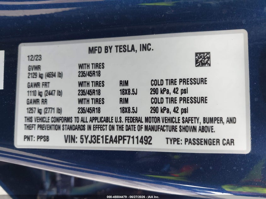 2023 Tesla Model 3 VIN 5YJ3E1EA4PF711492 IAAI salvage auction — NORMAL WEAR, Sf97 (Washington), sold $10,700 on 2026-07-29 (photo 9)