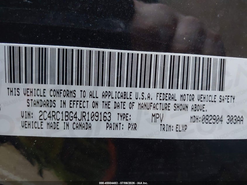 2018 Chrysler Pacifica VIN 2C4RC1BG4JR109163 IAAI salvage auction — RIGHT REAR, Regular (South Dakota), sold $6,100 on 2026-08-21 (photo 9)