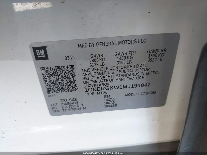 2021 Chevrolet Traverse VIN 1GNERGKW1MJ199847 IAAI salvage auction — REAR END, Salvage (Arizona), sold $4,800 on 2026-07-26 (photo 9)