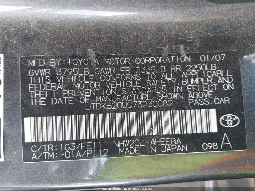 2007 Toyota Prius VIN JTDKB20U073230082 IAAI salvage auction — NORMAL WEAR, Clear (Texas), sold $2,050 on 2026-07-09 (photo 9)