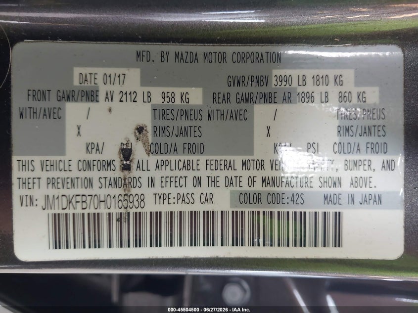 2017 Mazda Cx-3 VIN JM1DKFB70H0165938 IAAI salvage auction — SIDE, Bill Of Sale (Washington), sold $2,800 on 2026-07-25 (photo 9)