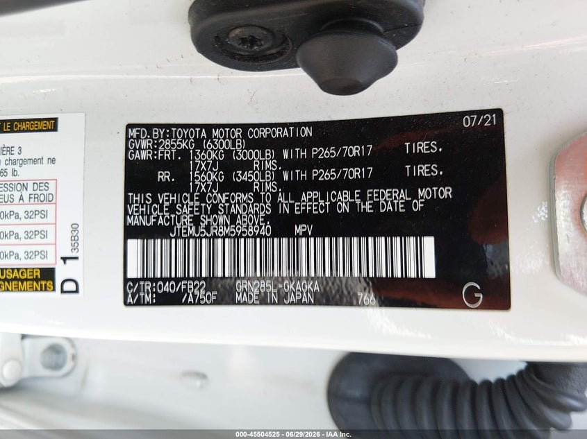 2021 Toyota 4runner VIN JTEMU5JR8M5958940 IAAI salvage auction — FRONT END, Salvage Title, sold $13,150 on 2026-08-21 (photo 9)