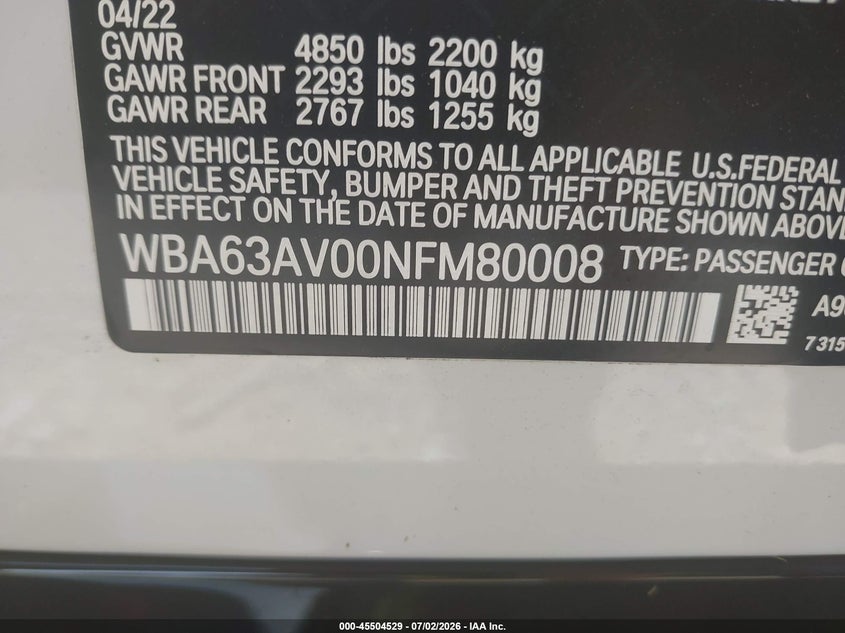 2022 BMW 4er VIN WBA63AV00NFM80008 IAAI salvage auction — RIGHT FRONT, Salvage (Pennsylvania), sold $13,950 on 2026-07-28 (photo 9)