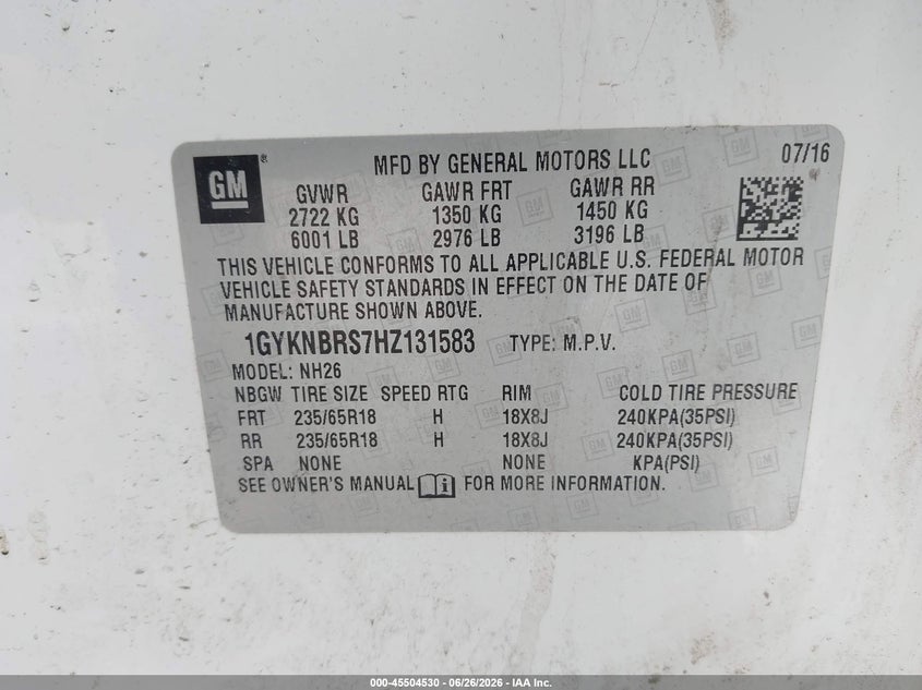 2017 Cadillac Xt5 VIN 1GYKNBRS7HZ131583 IAAI salvage auction — FRONT END, Certificate Of Title (Nebraska), sold $3,150 on 2026-07-09 (photo 9)