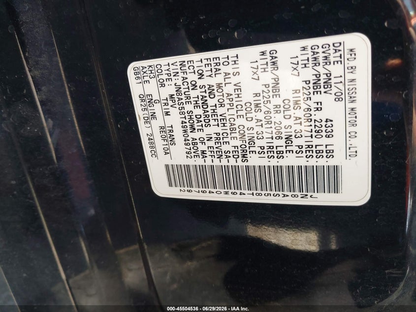2009 Nissan Rogue VIN JN8AS58T49W049792 IAAI salvage auction — RIGHT FRONT, Salvage (California), sold $725 on 2026-07-16 (photo 9)
