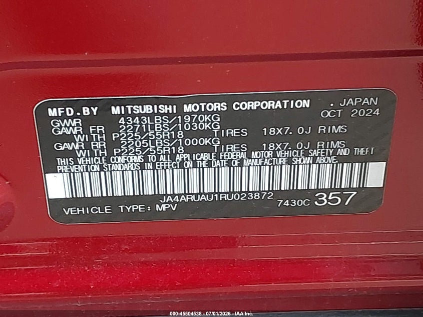 2024 Mitsubishi Outlander VIN JA4ARUAU1RU023872 IAAI salvage auction — FRONT END, Nrc Lienholder Repossession Paperwork (Mississippi), sold $3,550 on 2026-07-23 (photo 9)