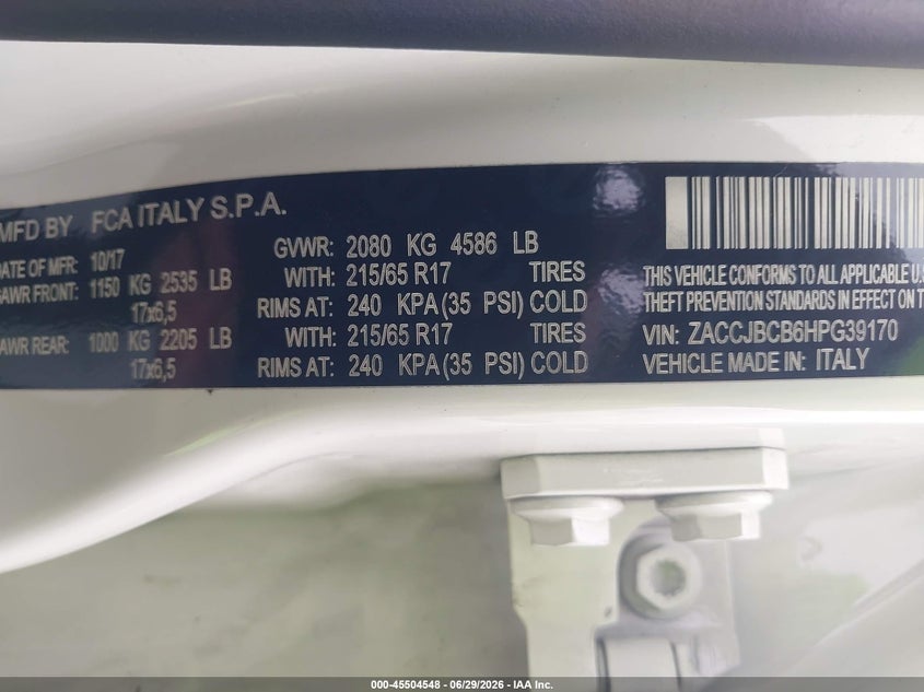 2017 Jeep Renegade VIN ZACCJBCB6HPG39170 IAAI salvage auction — SIDE, Salvage (California), sold $3,200 on 2026-07-08 (photo 9)