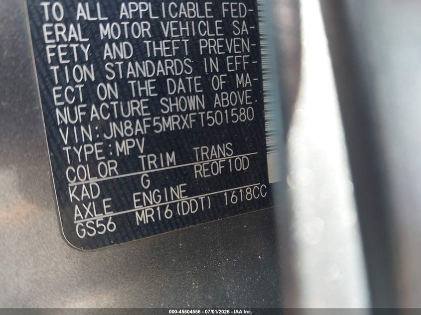 2015 Nissan Juke VIN JN8AF5MRXFT501580 IAAI salvage auction — NORMAL WEAR, Clear (Florida), sold $575 on 2026-07-13 (photo 9)