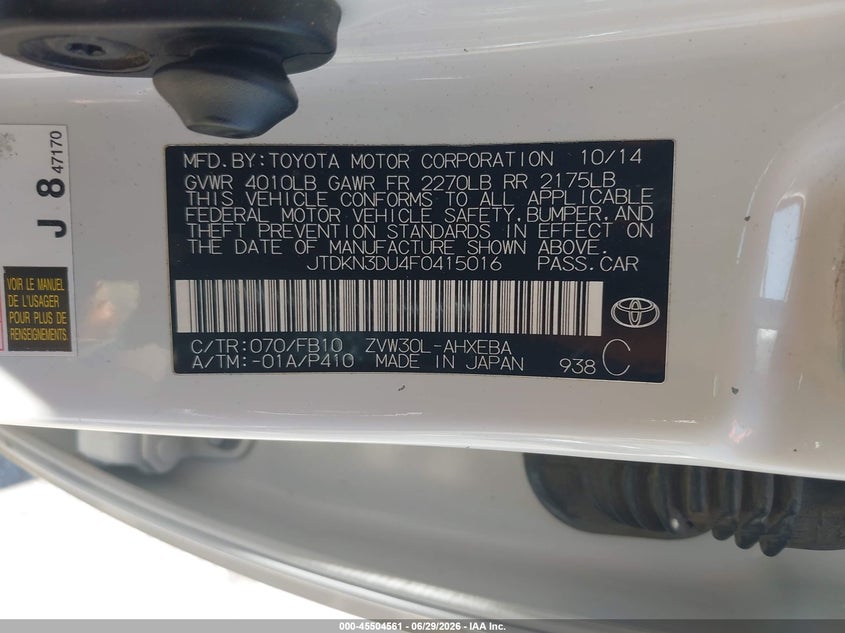 2015 Toyota Prius VIN JTDKN3DU4F0415016 IAAI salvage auction — NORMAL WEAR, Clear - Dealer Only (California), sold $2,700 on 2026-07-14 (photo 9)