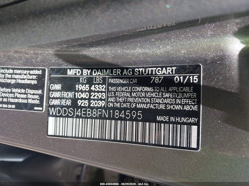 2015 Mercedes-benz Cla-klasse VIN WDDSJ4EB8FN184595 IAAI salvage auction — NORMAL WEAR, Original (Ohio), sold $1,650 on 2026-07-16 (photo 9)