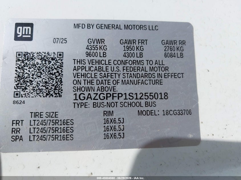 2025 Chevrolet Express VIN 1GAZGPFP1S1255018 IAAI salvage auction — Burn Interior, Clear (Florida), sold $25,250 on 2026-07-30 (photo 9)