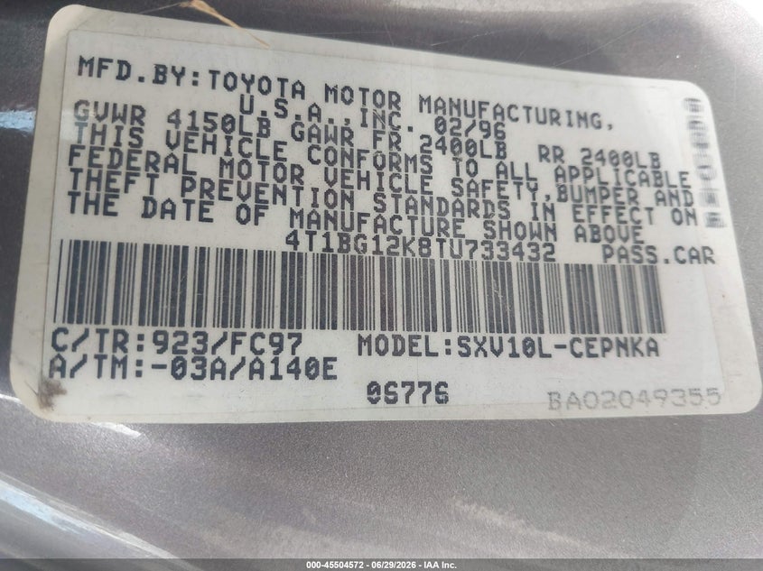 1996 Toyota Camry VIN 4T1BG12K8TU733432 IAAI salvage auction — NORMAL WEAR, Clear (Utah), sold $275 on 2026-07-09 (photo 9)
